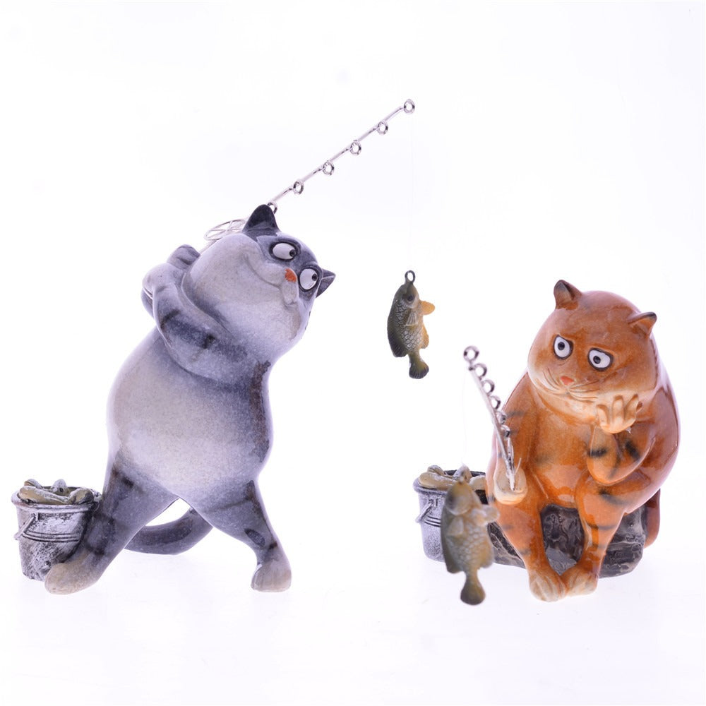 Cat fishing resin ornament for home